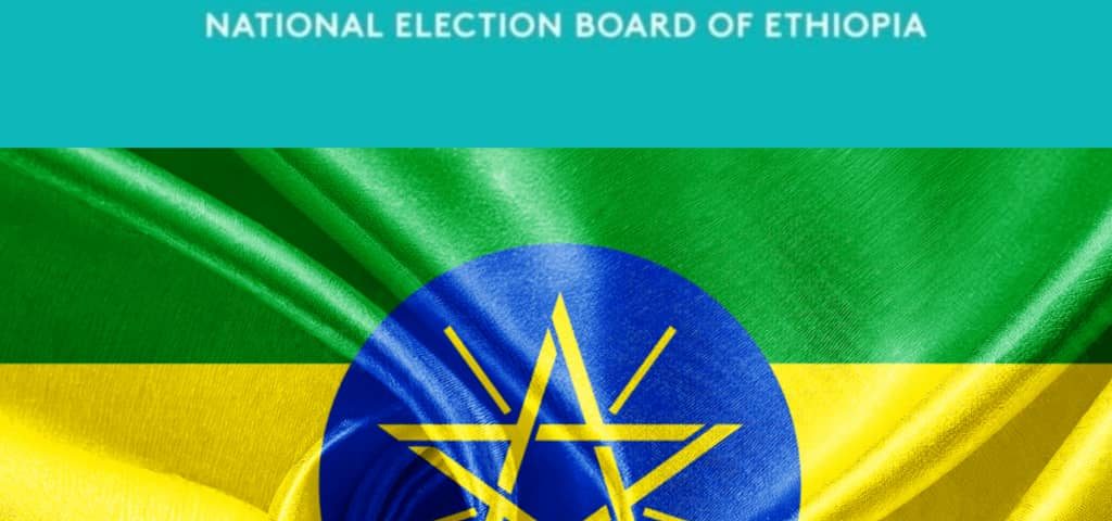 The logo of the Ethiopian National Electoral Board and the Ethiopian flag