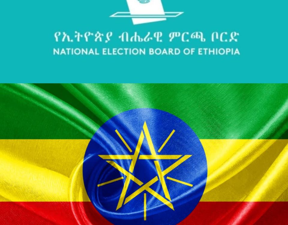 The logo of the Ethiopian National Electoral Board and the Ethiopian flag