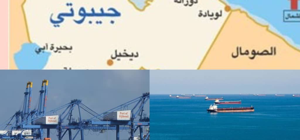خريطة جيبوتي، إلى جانب إحدى موانئها، وسفن في البحر