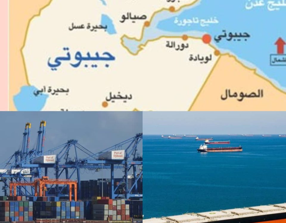 خريطة جيبوتي، إلى جانب إحدى موانئها، وسفن في البحر