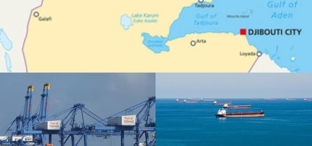 A map of Djibouti, beside one of its ports, and ships at sea