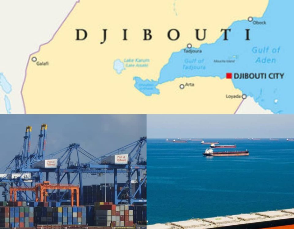 A map of Djibouti, beside one of its ports, and ships at sea
