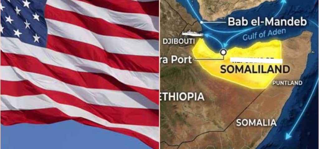 The flag of the United States is beside the map of the Somali region