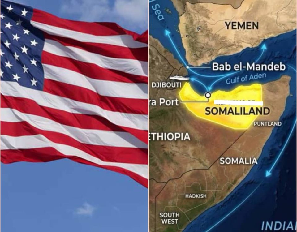 The flag of the United States is beside the map of the Somali region