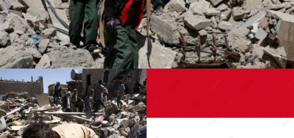 Yemeni children amidst destruction and war, beside Yemen flag.