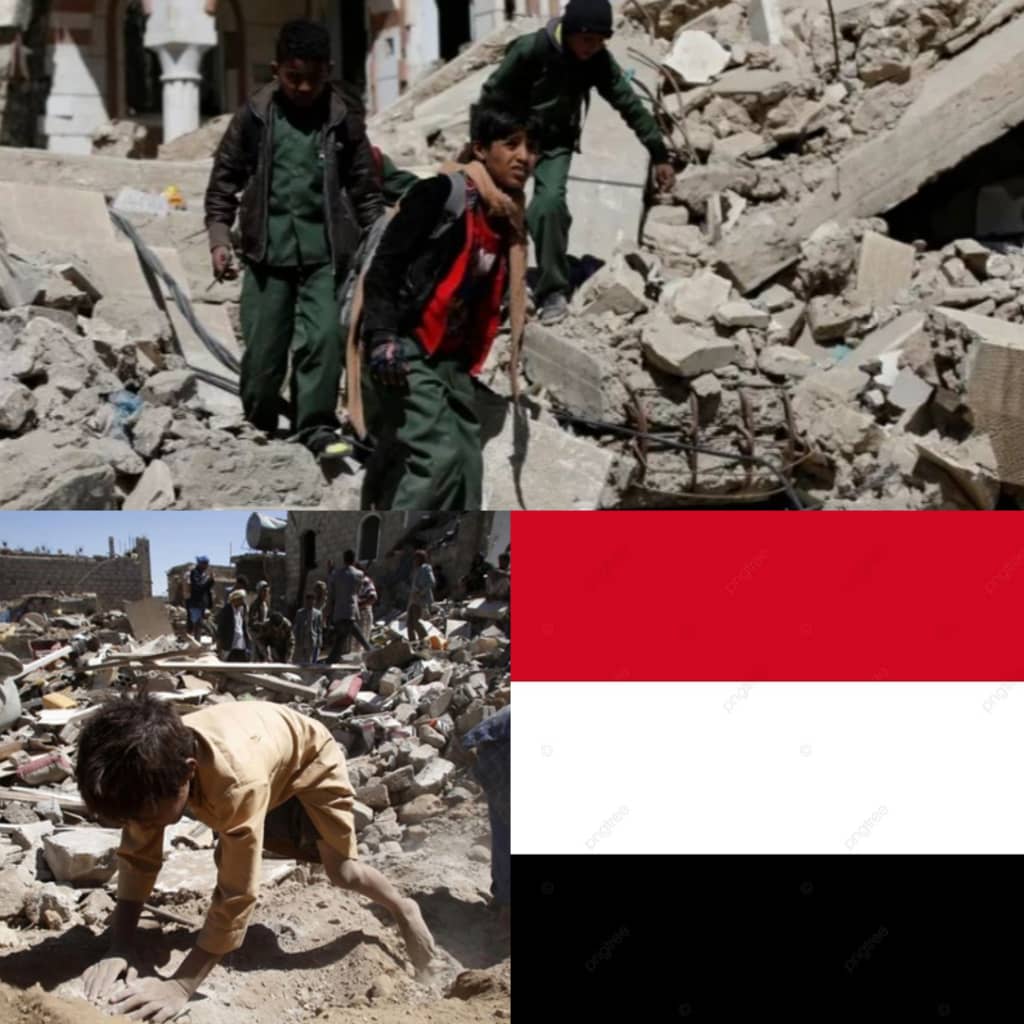 صور لأطفال يمنيين بين الدمار والحرب إلى جانب علم اليمن