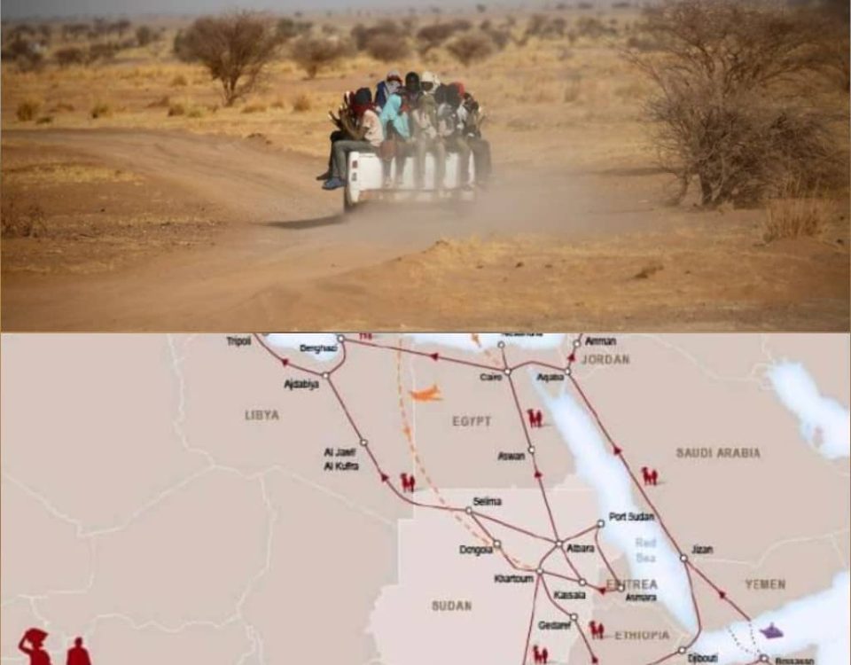 An archival photo of a human smuggling operation with map of routes