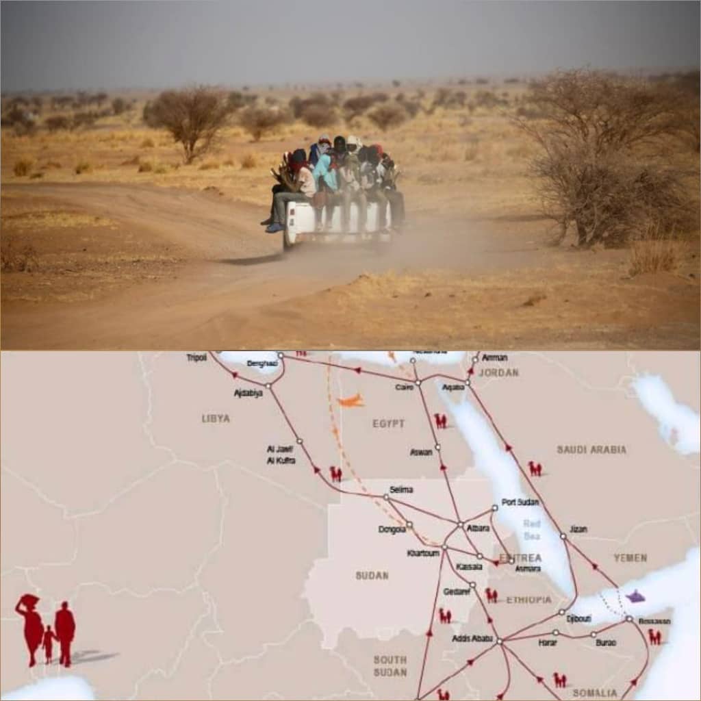 صورة من الإرشيف لعملية تهريب بشر مع خريطة الطرق