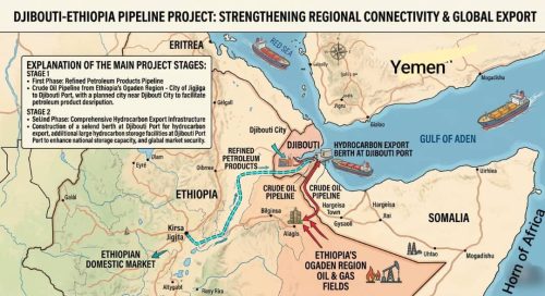 Map showing the pipeline route from Ethiopia to the port of Djibouti
