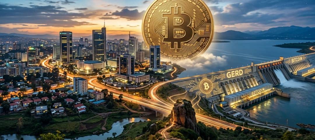 A composite image of Addis Ababa with Bitcoin and the Grand Ethiopian Renaissance Dam