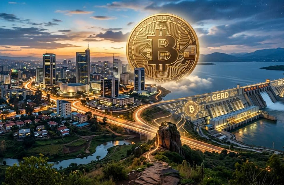 A composite image of Addis Ababa with Bitcoin and the Grand Ethiopian Renaissance Dam
